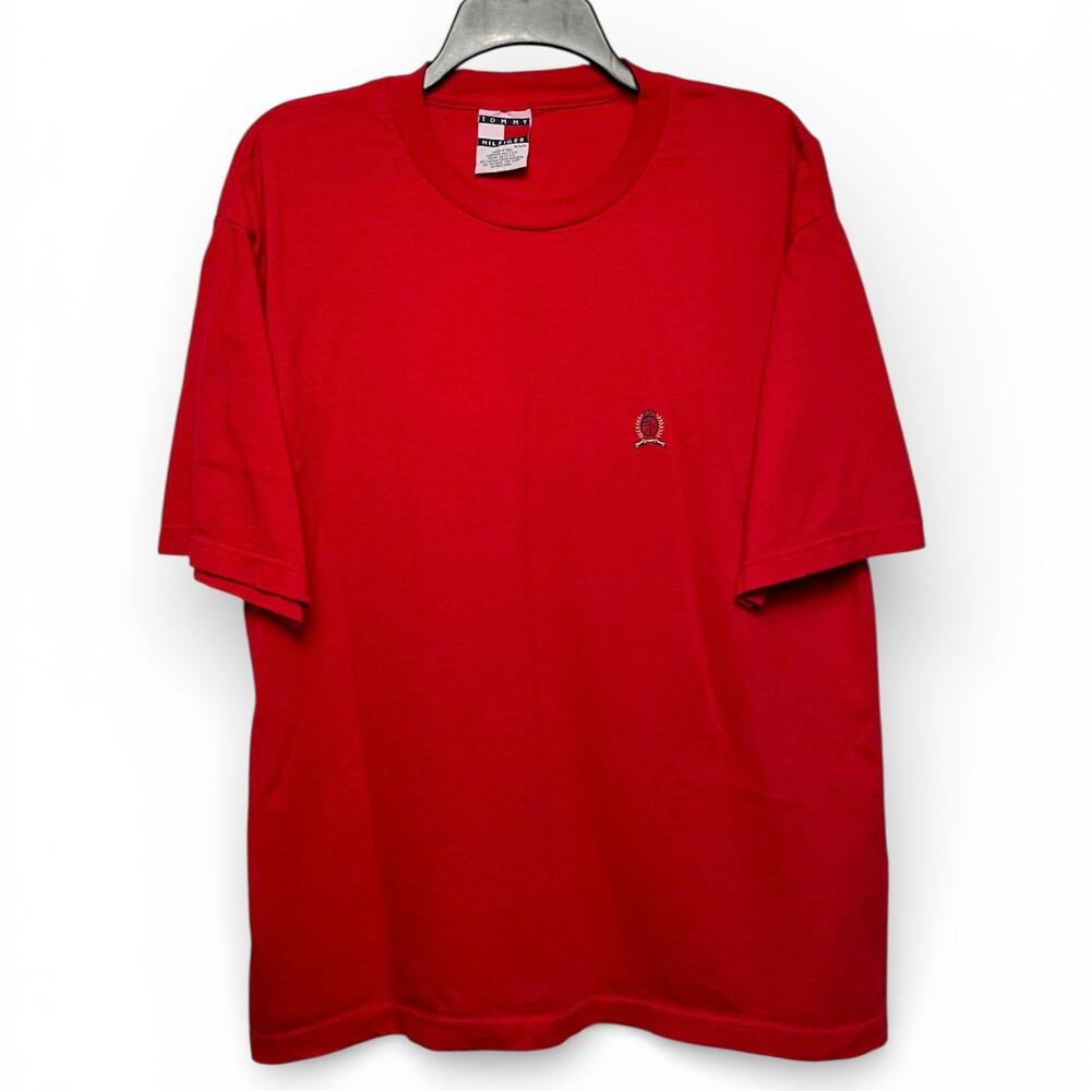 Vintage 90s Tommy Hilfiger Crest Logo T-Shirt - Red - Made in USA - Size Medium